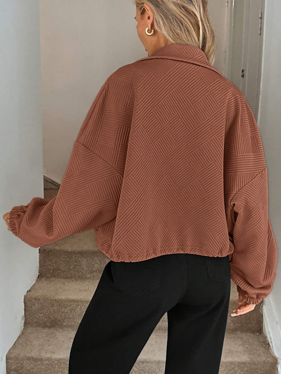 Women’s Loose Baseball Jacket – High Collar Zip-Up with Drawstring Hem