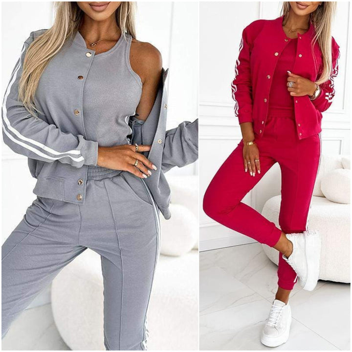 Women's Three-Piece Baseball Jacket and Pants Set - Stylish Athletic Outfit