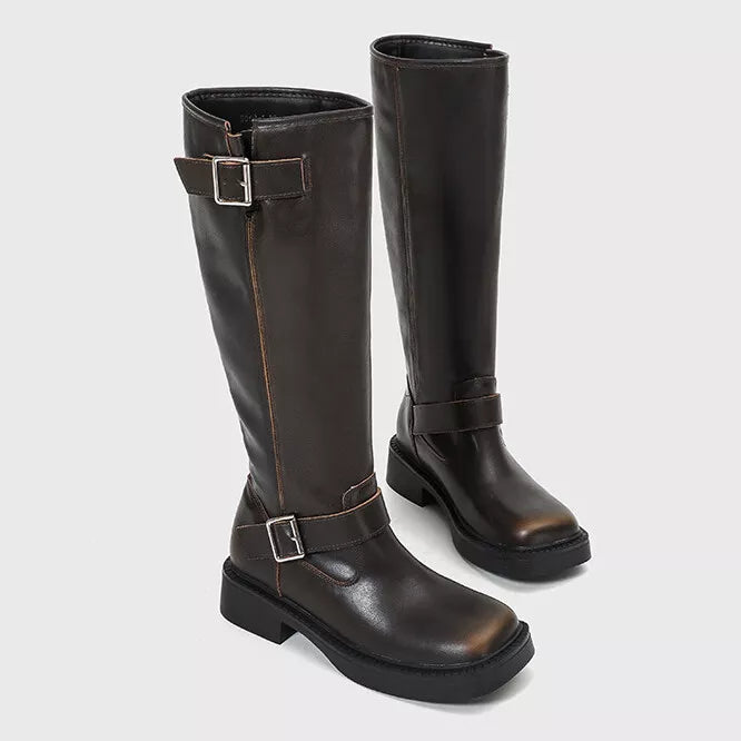 Women's Vintage Distressed Square Toe Knee-High Riding Boots with Chunky Heel and Buckle Design for Summer