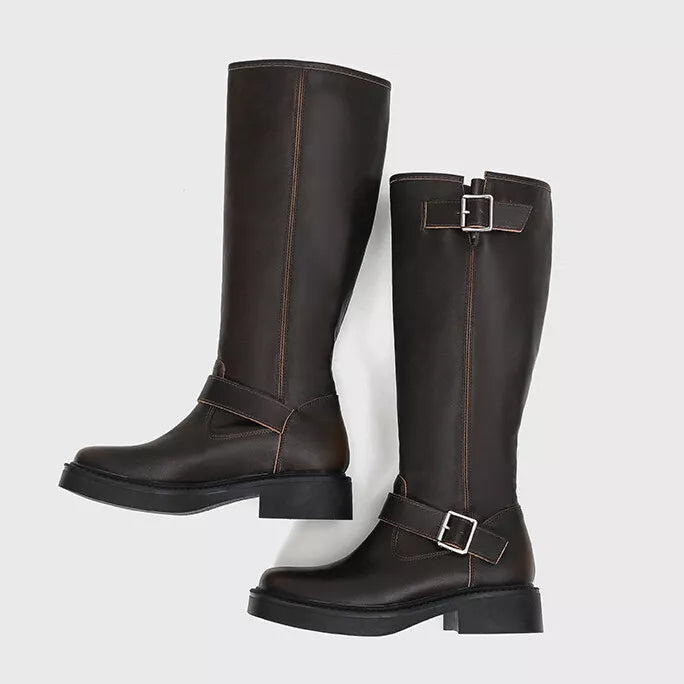 Women's Vintage Distressed Square Toe Knee-High Riding Boots with Chunky Heel and Buckle Design for Summer