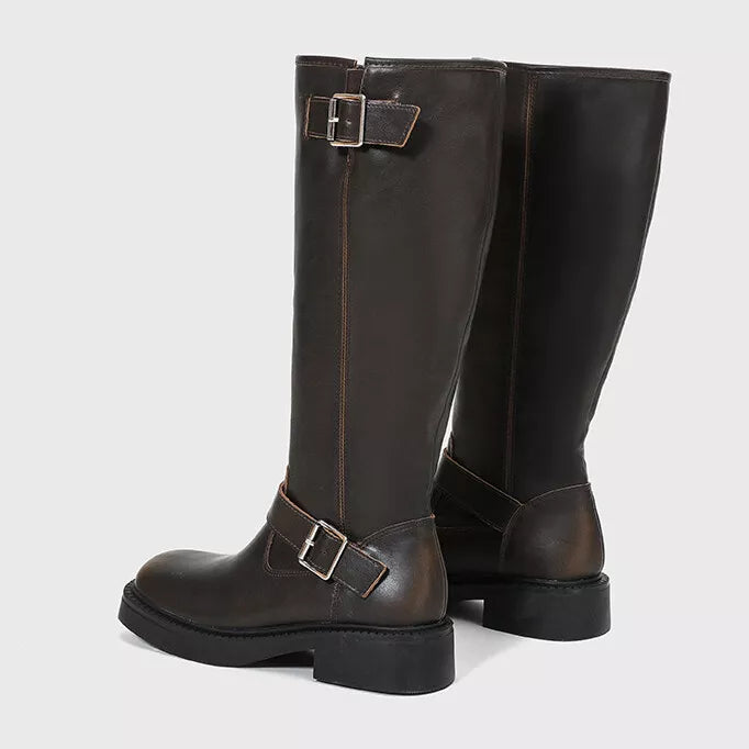 Women's Vintage Distressed Square Toe Knee-High Riding Boots with Chunky Heel and Buckle Design for Summer