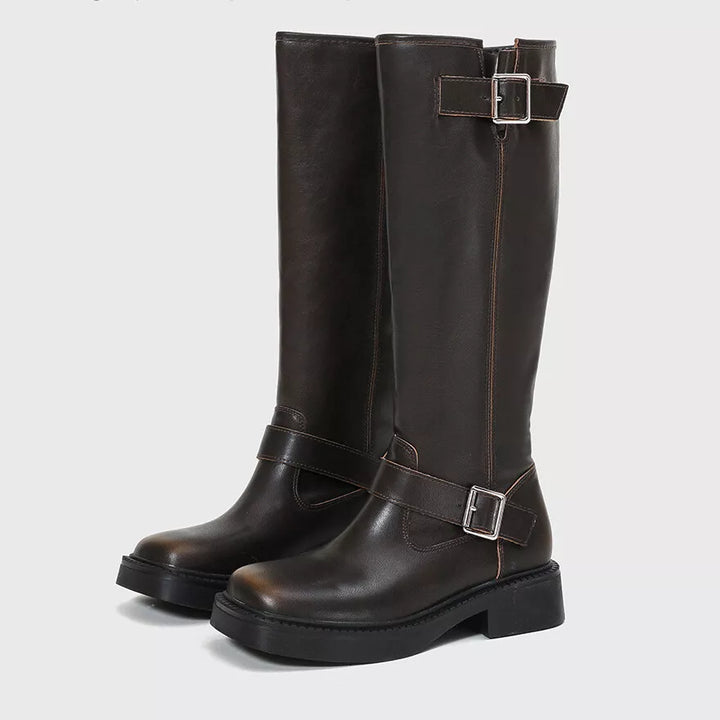 Women's Vintage Distressed Square Toe Knee-High Riding Boots with Chunky Heel and Buckle Design for Summer