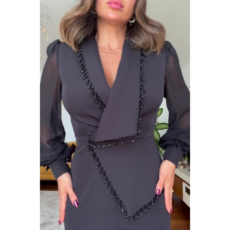 Elegant Black Beaded Top and Wide-Leg Pants Set - Stylish 2 Piece Outfit for Women
