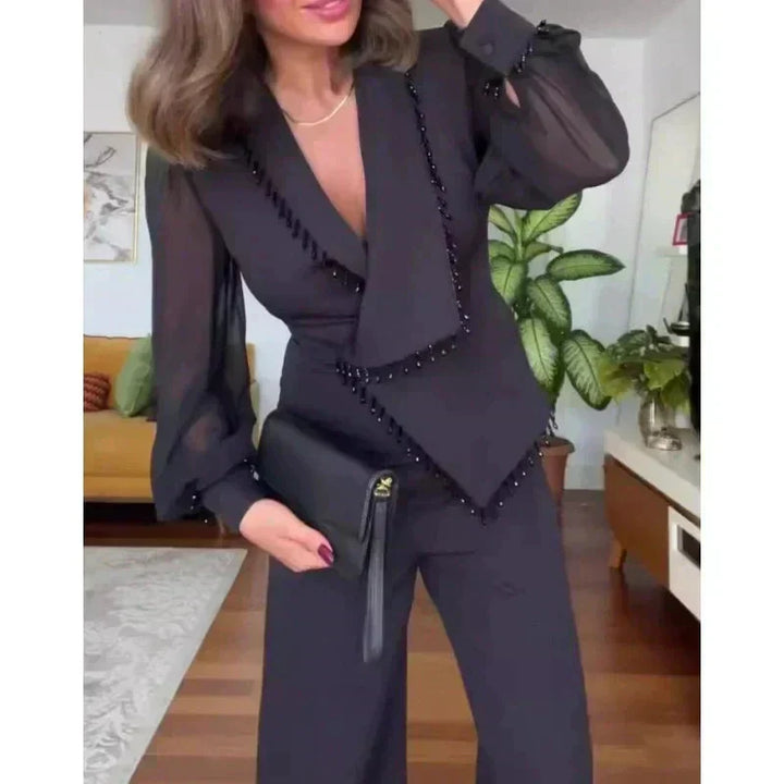 Elegant Black Beaded Top and Wide-Leg Pants Set - Stylish 2 Piece Outfit for Women