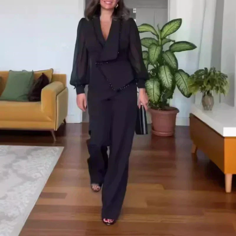 Elegant Black Beaded Top and Wide-Leg Pants Set - Stylish 2 Piece Outfit for Women