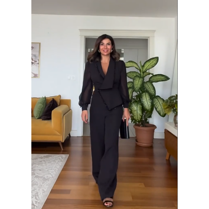 Elegant Black Beaded Top and Wide-Leg Pants Set - Stylish 2 Piece Outfit for Women
