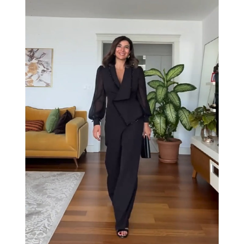 Elegant Black Beaded Top and Wide-Leg Pants Set - Stylish 2 Piece Outfit for Women