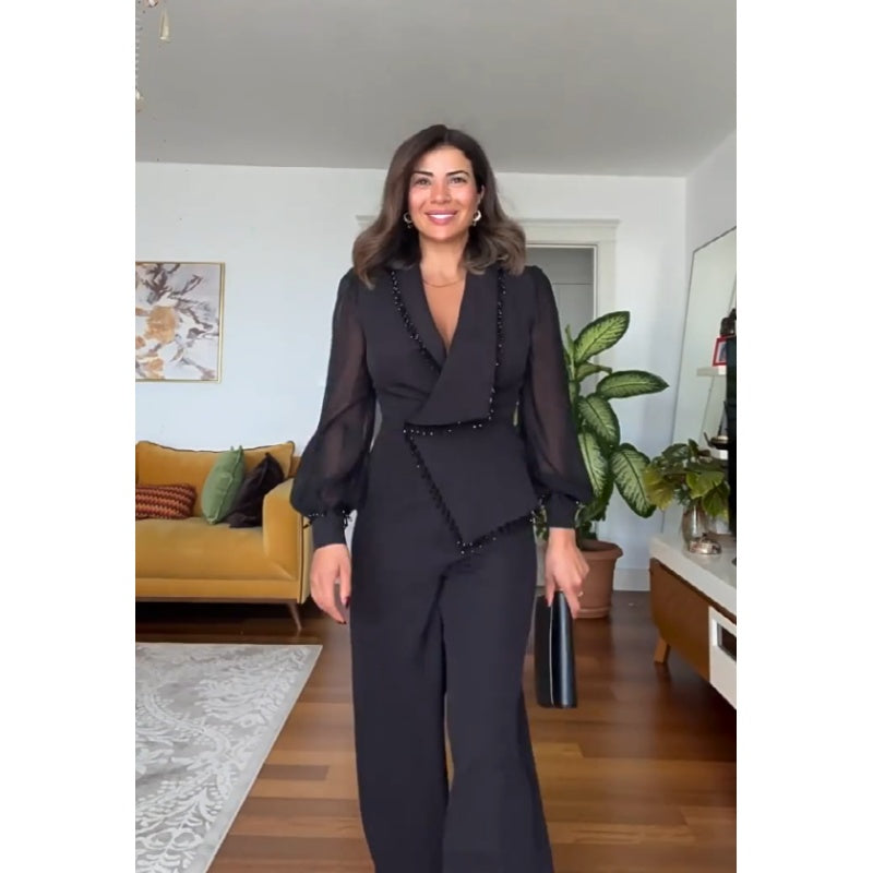 Elegant Black Beaded Top and Wide-Leg Pants Set - Stylish 2 Piece Outfit for Women