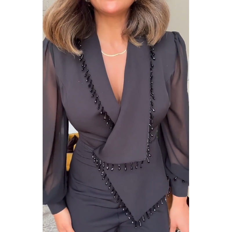 Elegant Black Beaded Top and Wide-Leg Pants Set - Stylish 2 Piece Outfit for Women