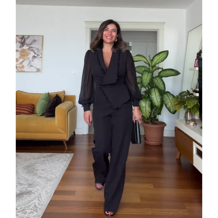 Elegant Black Beaded Top and Wide-Leg Pants Set - Stylish 2 Piece Outfit for Women