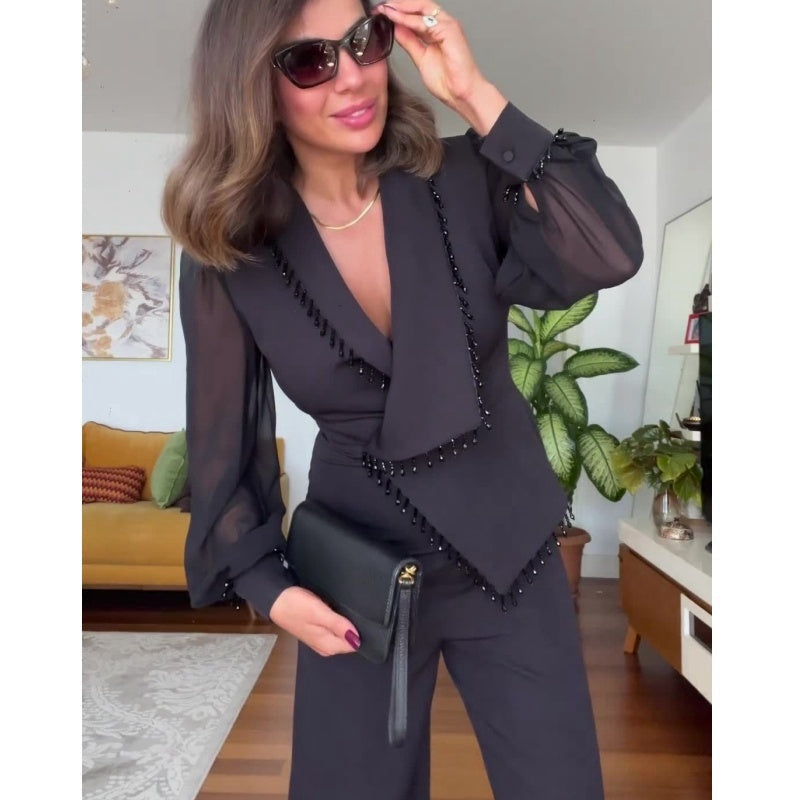 Elegant Black Beaded Top and Wide-Leg Pants Set - Stylish 2 Piece Outfit for Women